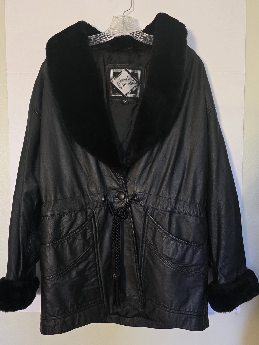 Vtg 90s Cuir Classique Black Leather Jacket Faux Fur Collar Cuffs Mobwife Matrix